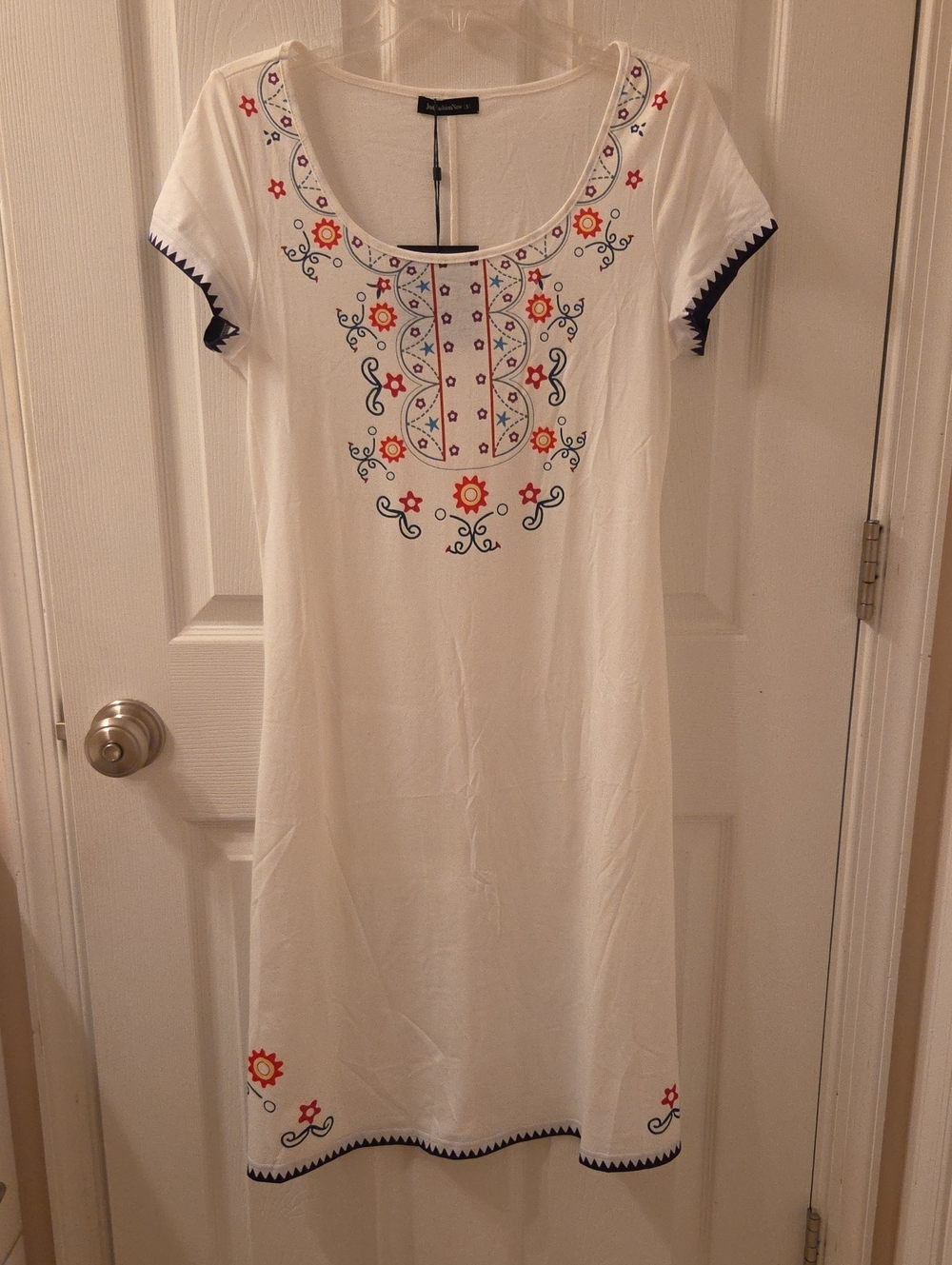 White Embroidered Scoop-Neck Midi Dress with Red & Navy Accents